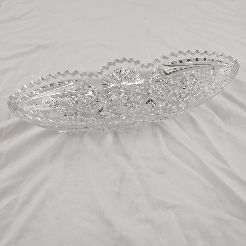 Vintage American Brilliant Cut Glass Oval Relish 12" Starburst Tray Boat Dish